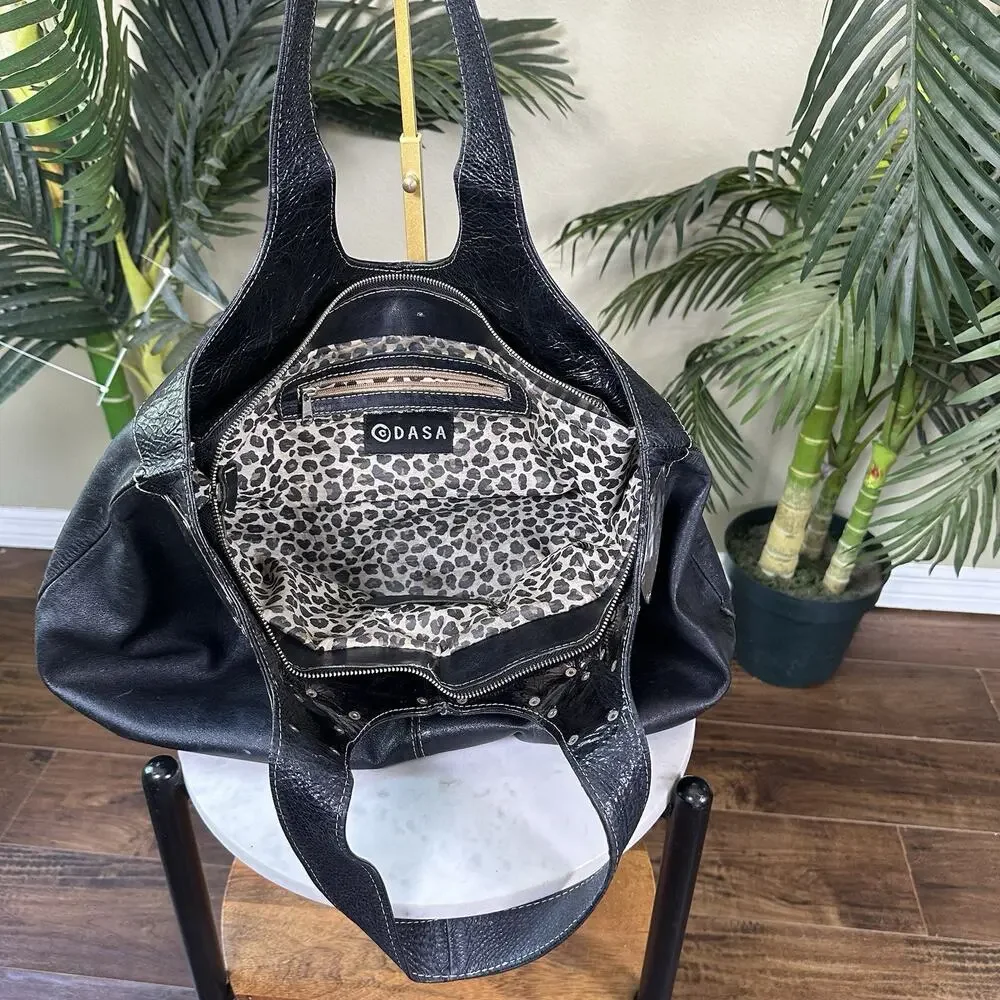 DASA Black leather hobo bag Y2K Hammered metal slouch Large